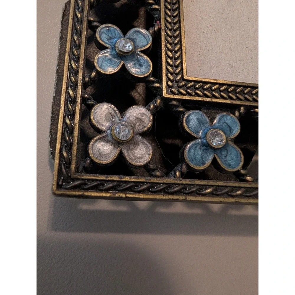 Ornate Metal Picture Frame Blue White Enamel Flowers Rhinestone Floral 5x7